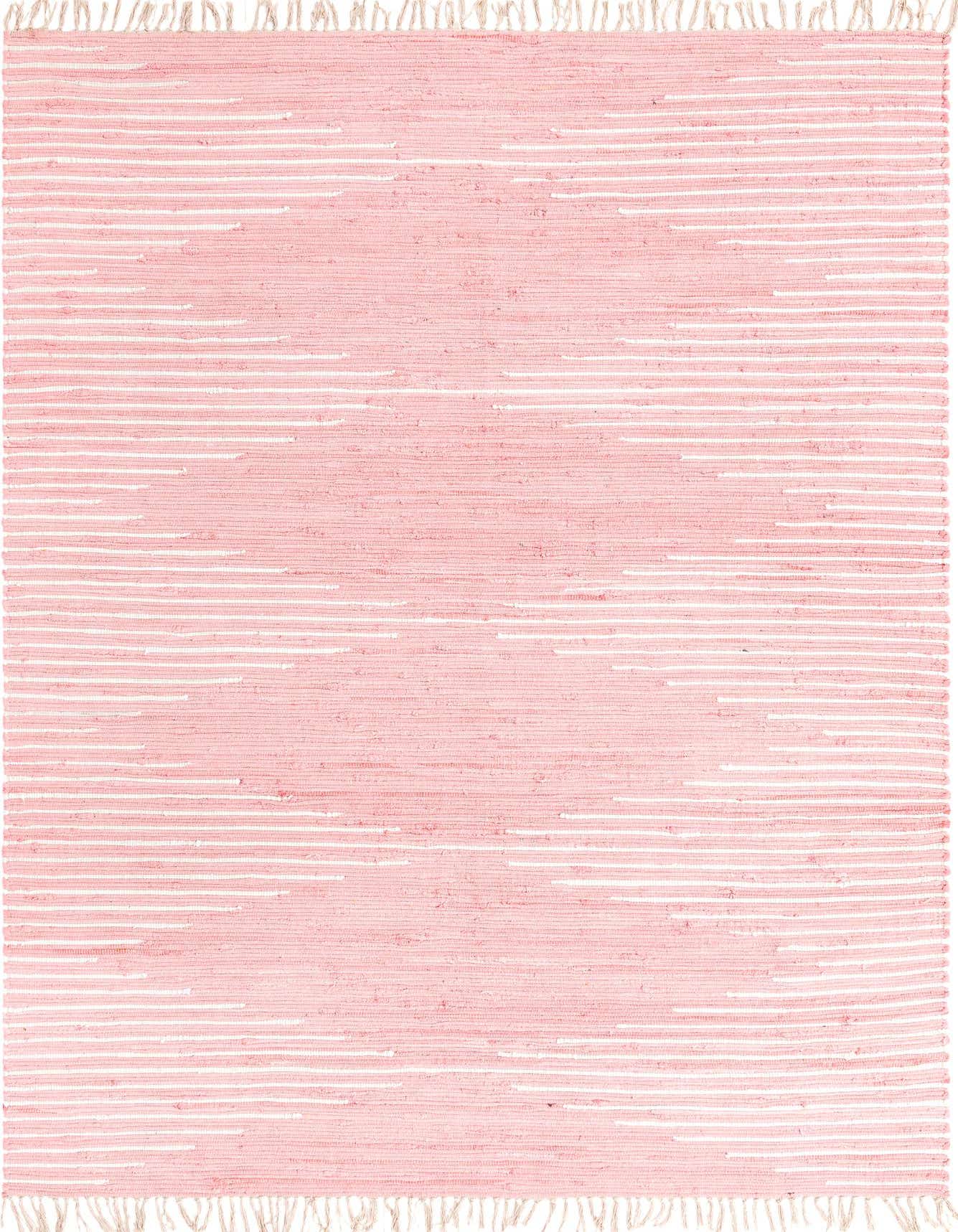 A 7x10 rectangular Chindi Cotton rug in various shades of pink with white horizontal stripes and fringed edges, suitable for a living room.