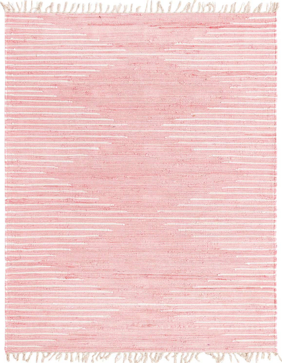 A 5x8 rectangular Chindi Cotton rug in various shades of pink with subtle white horizontal stripes and fringed edges, ideal for a living room.