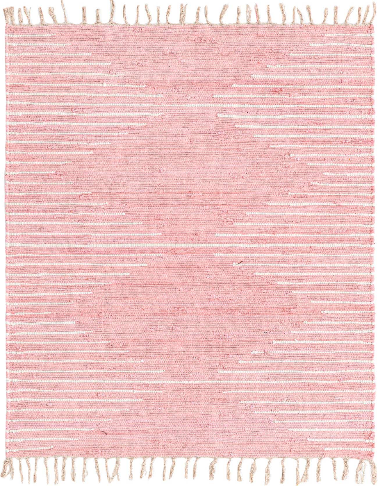 A 4x6 rectangular pink Chindi cotton rug with a flatweave texture and subtle white horizontal stripes, featuring fringed edges.