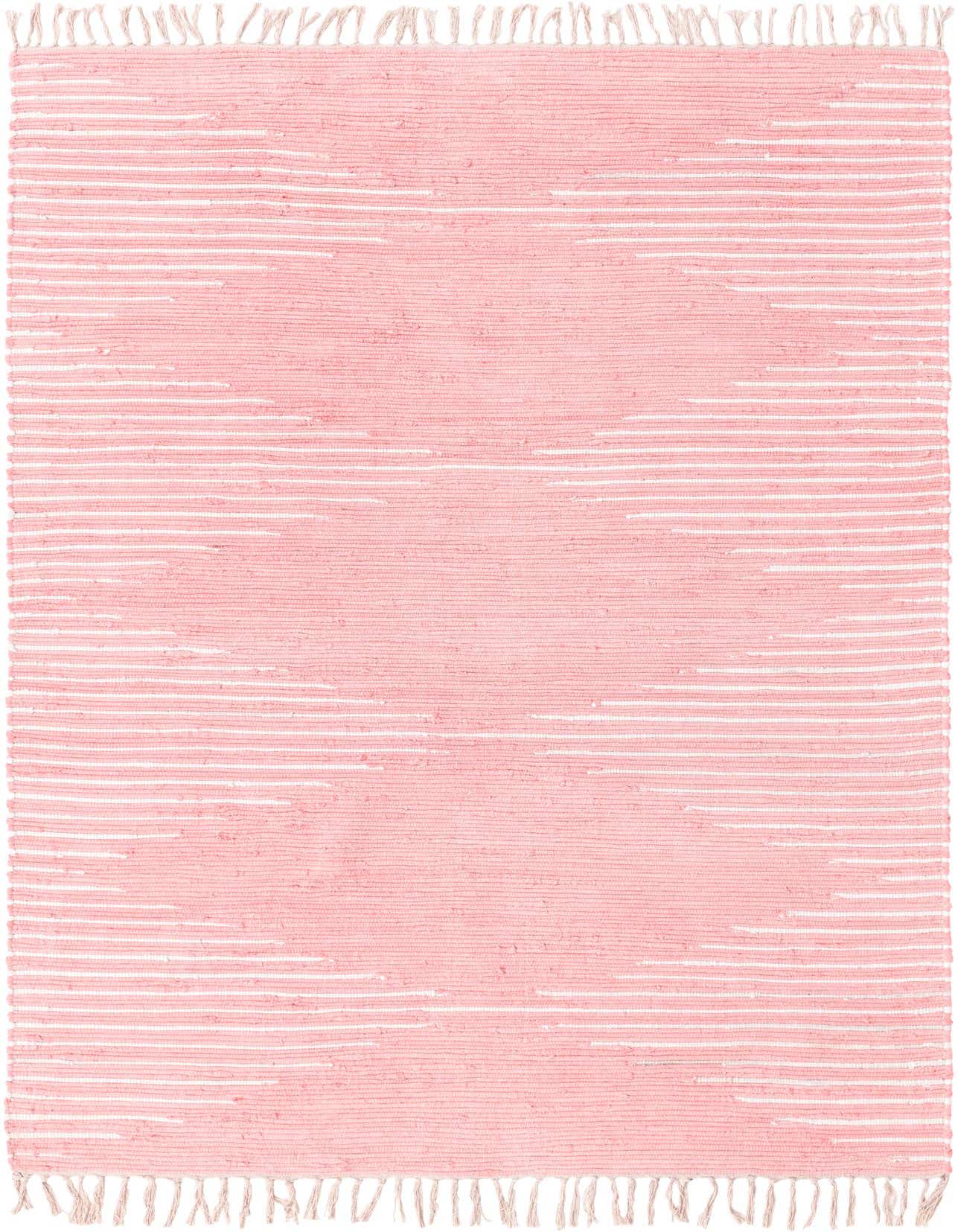 A 6x9 rectangular pink Chindi Cotton rug with a flatweave texture and visible white warp threads, featuring short fringe.