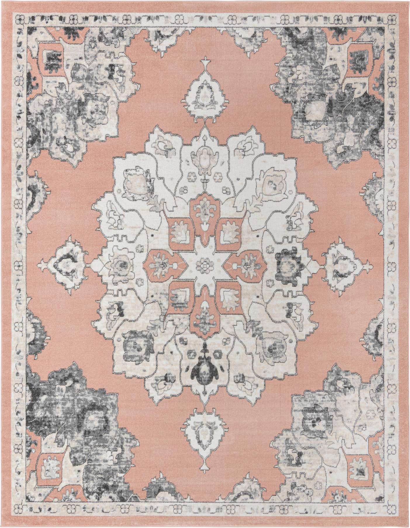 A 10x14 rectangular Parker Collection rug featuring a distressed traditional medallion pattern in pink, cream, and charcoal.