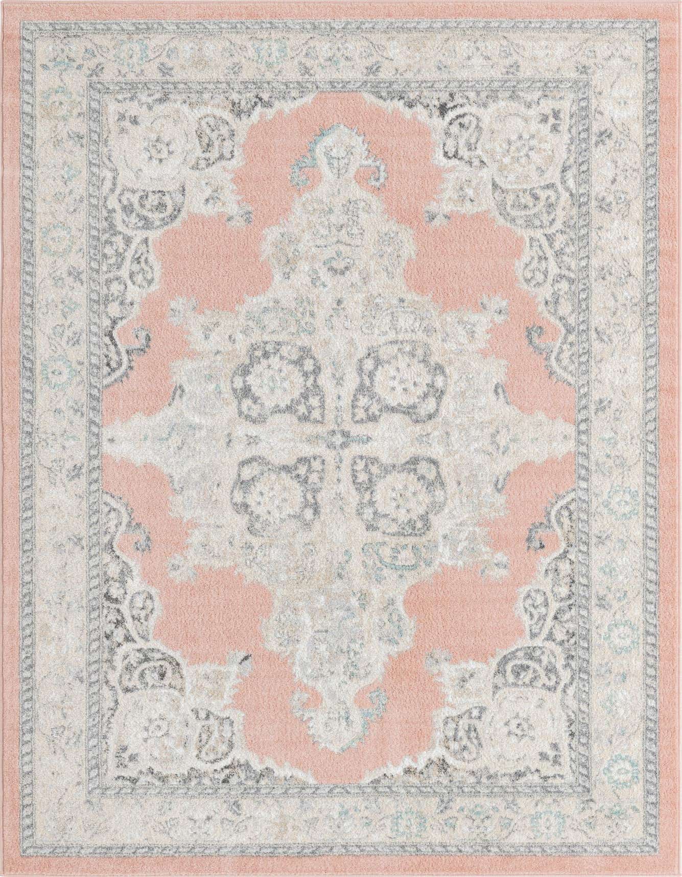A 6x9 rectangular Rugs.com Parker rug featuring a traditional pink, cream, and grey medallion pattern with a thin pile.