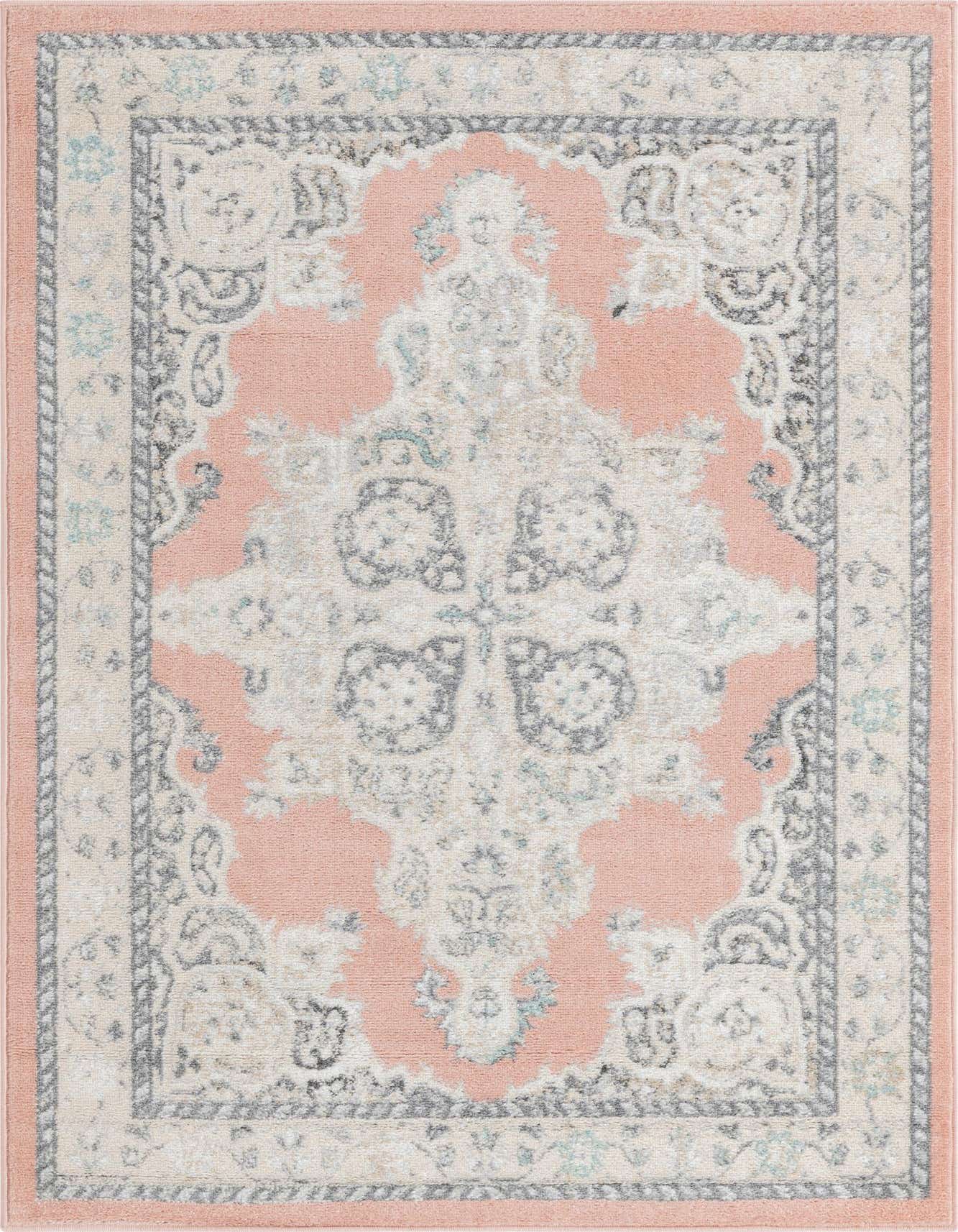 A 4x6 rectangular Parker Collection rug featuring a traditional pink medallion pattern with distressed grey and cream accents.