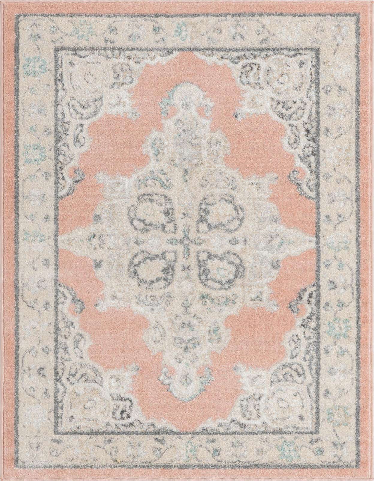 A 3x5 rectangular Parker rug from Rugs.com, featuring a traditional pink and cream medallion pattern with grey and light blue accents.