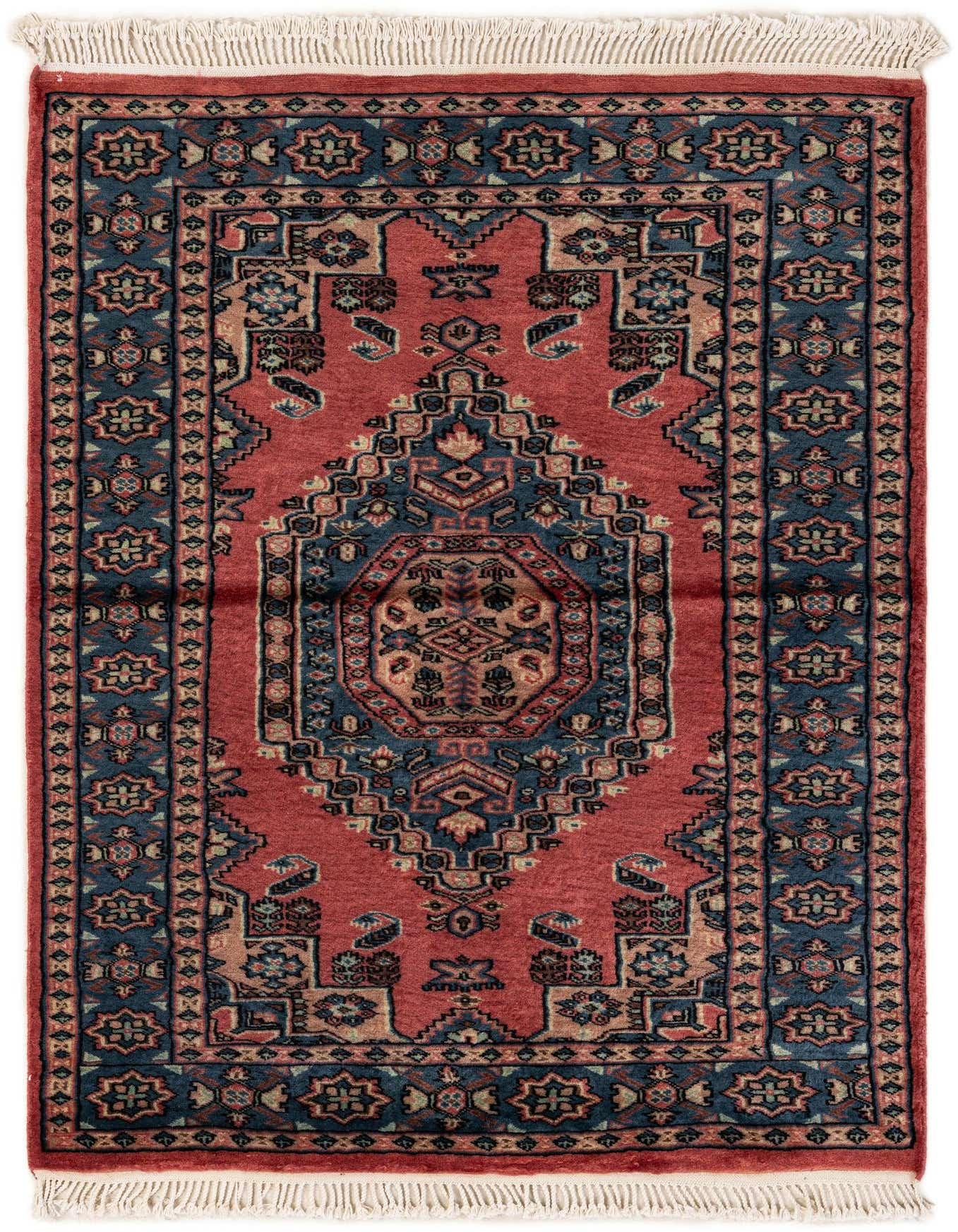 A 3x5 rectangular red tribal wool rug with a central medallion and intricate blue patterns, featuring white fringe.