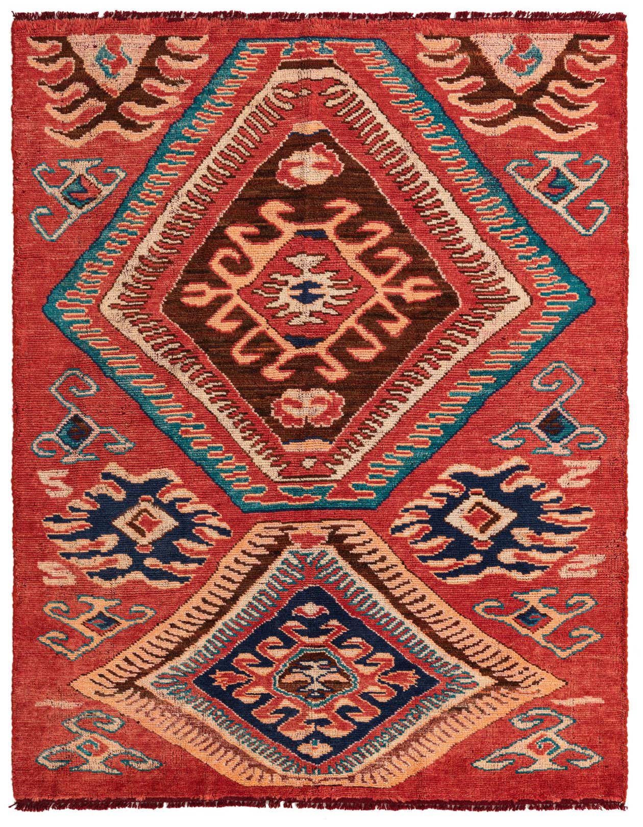A 5x8 rectangular red wool rug with a large central brown and blue diamond pattern, flanked by smaller geometric motifs.