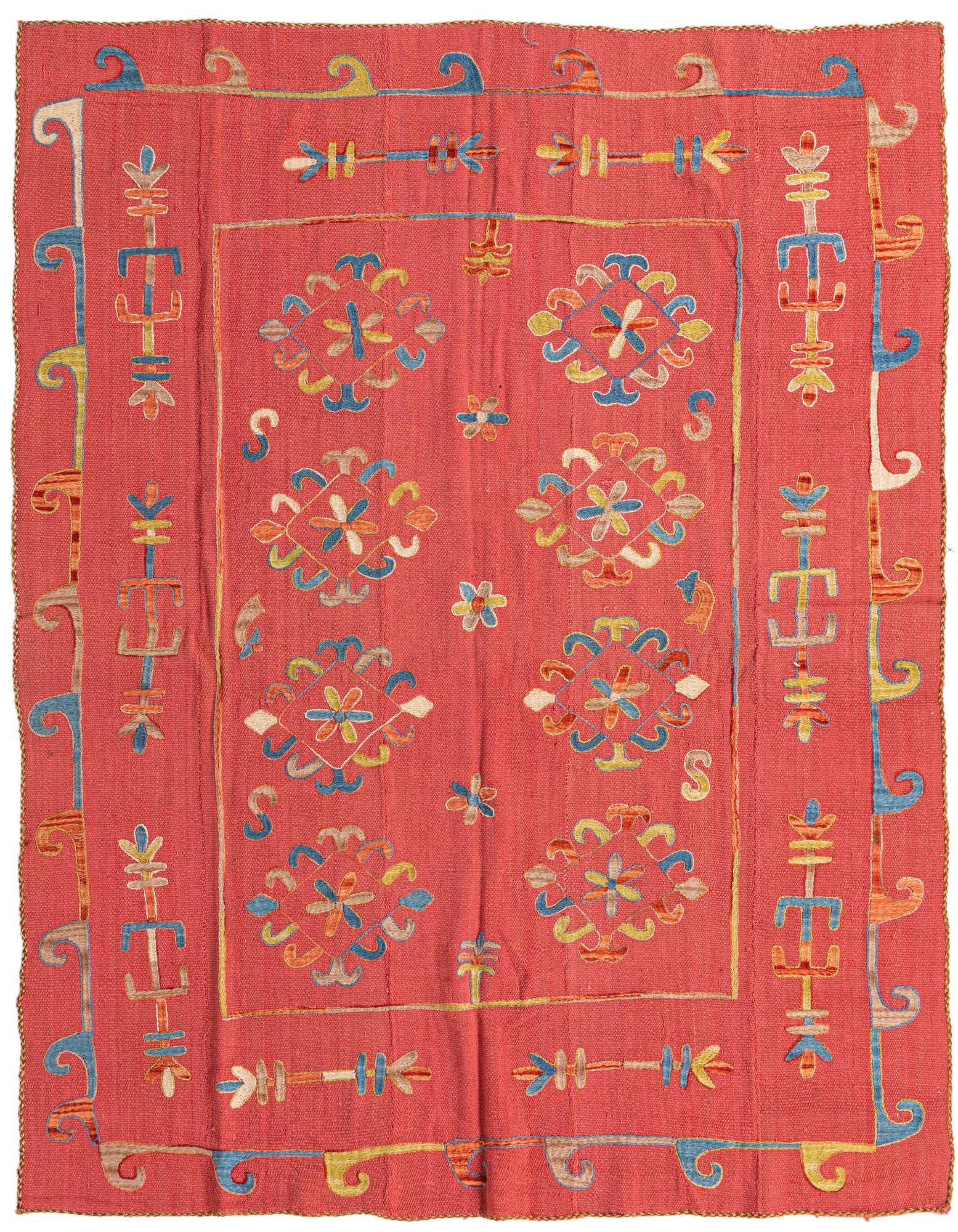 A 5x8 rectangular red Kilim Suzani rug with colorful tribal and floral patterns, handmade from wool.