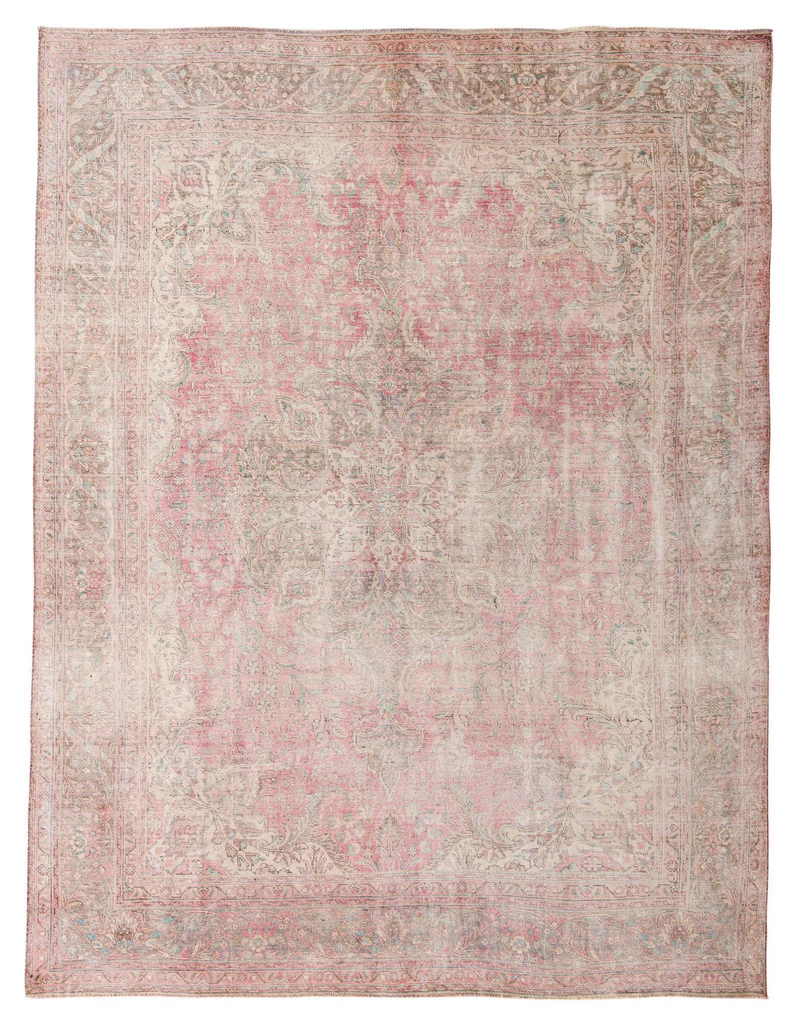 A 9x12 rectangular Ultra Vintage Persian rug in faded reds, creams, and grays with an ornate medallion pattern.