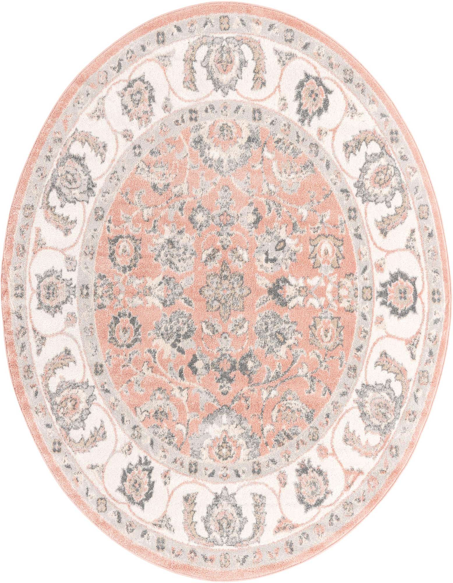 A round 7' 0 x 7' 0 Aurelia rug featuring a traditional floral pattern in shades of pink, grey, and cream.