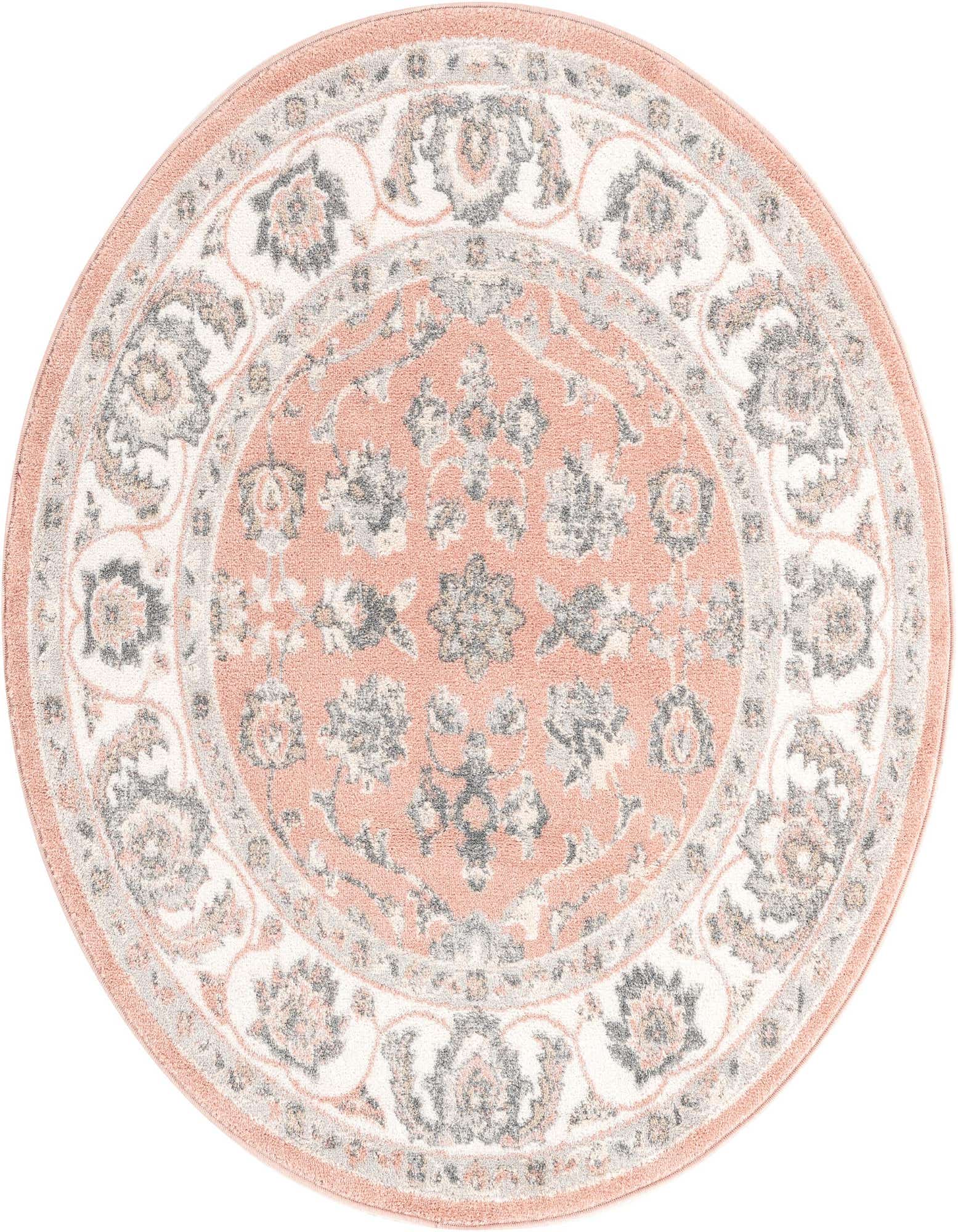 A 5' 0 round pink traditional rug with a botanical and floral pattern in white, grey, and light pink.