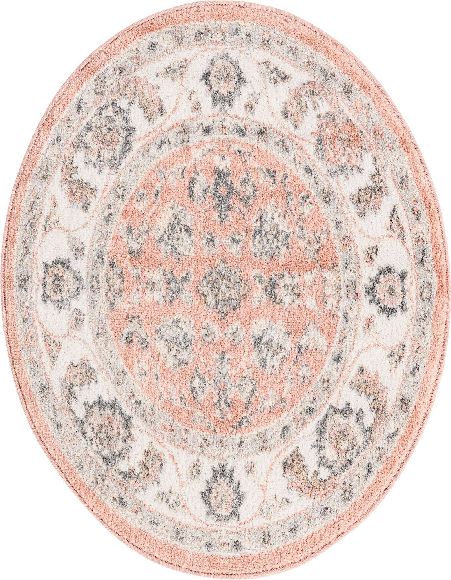 A 3' 0 x 3' 0 round pink and white traditional floral rug with a vintage oriental pattern.