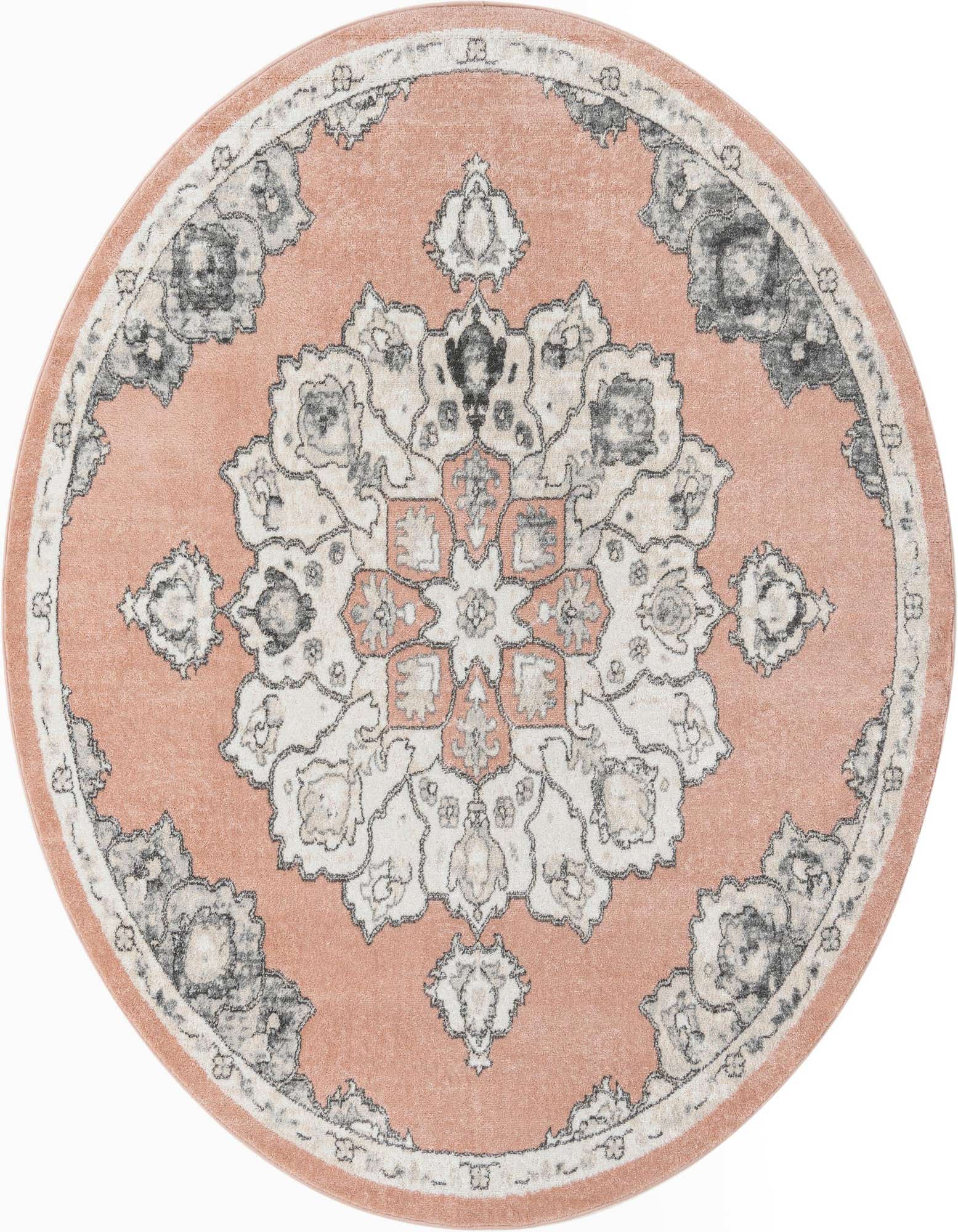 A round 7' 10" pink traditional medallion rug with white and gray vintage patterns, suitable for indoor spaces.