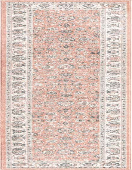 A 12 ft runner rug in shades of pink, grey, and cream, featuring a distressed traditional floral and oriental pattern with a decorative border, ideal for a hallway.