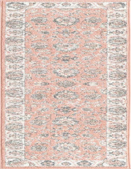 Aurelia 8 ft runner rug in pink with a traditional botanical pattern and white border, ideal for hallways.