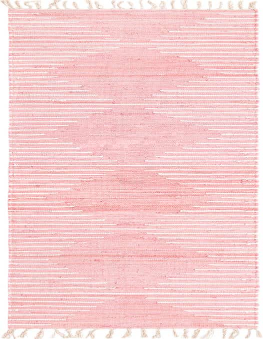 A 10 ft pink runner rug with a subtle white striped pattern and fringe ends, ideal for a hallway.