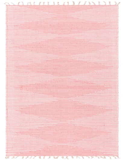 A 16 ft runner rug in shades of pink with a subtle horizontal striped pattern and fringed ends, ideal for a hallway.