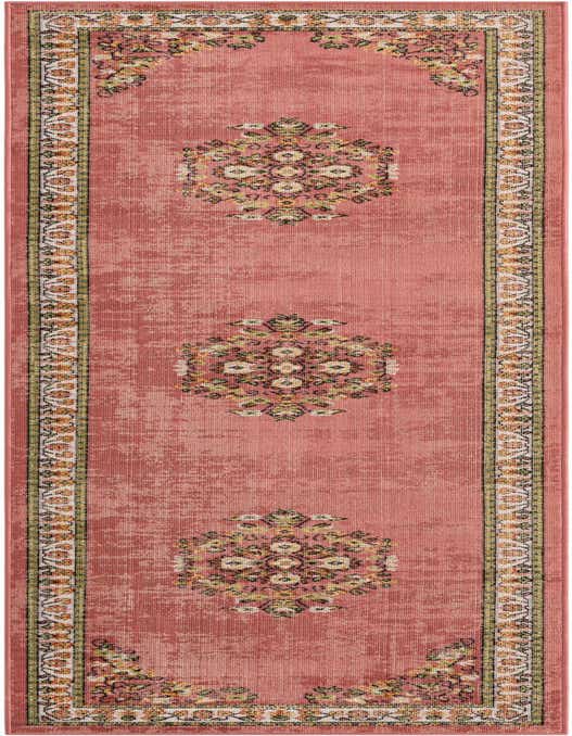 A 10 ft pink runner rug with a distressed Bohemian medallion pattern and a floral border, ideal for a hallway.