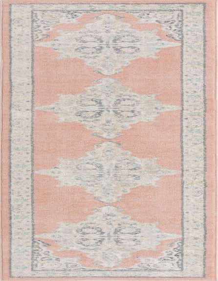 A 12 ft runner rug in shades of pink, grey, and cream, featuring a traditional medallion pattern, ideal for a hallway.