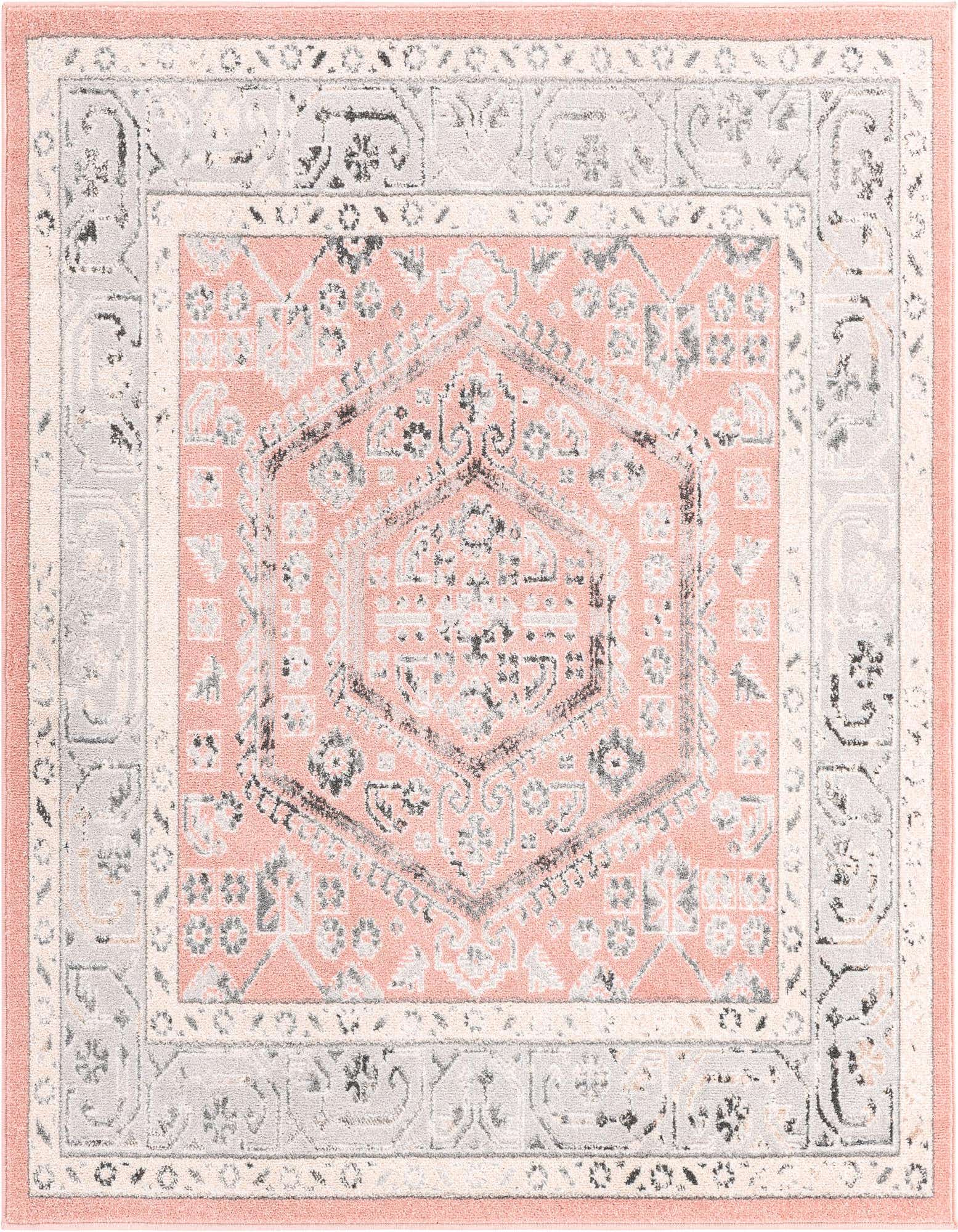 A 6' 0 x 6' 0 square pink traditional area rug with a detailed medallion and tribal pattern in shades of grey, black, and cream.