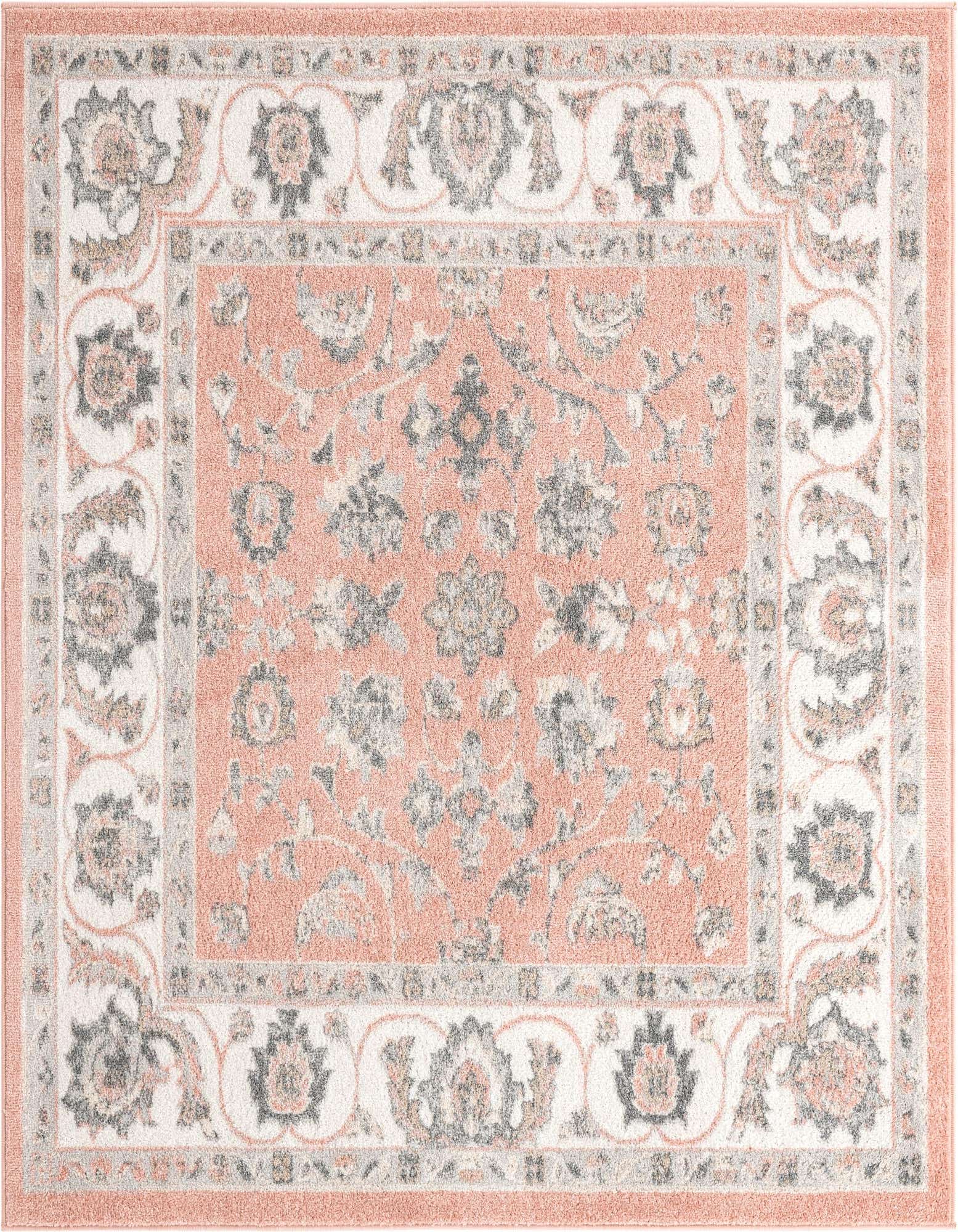 A 6' 0 x 6' 0 square pink traditional area rug with a botanical floral pattern and a light border.