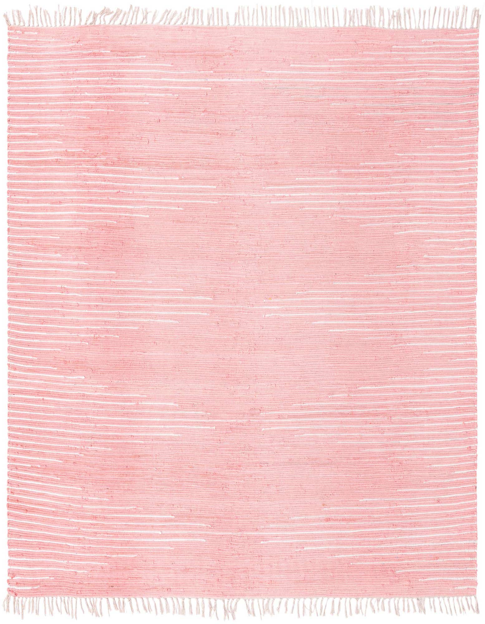 A 10'x10' square pink Chindi cotton flatweave rug with a subtle textured stripe pattern and fringe.