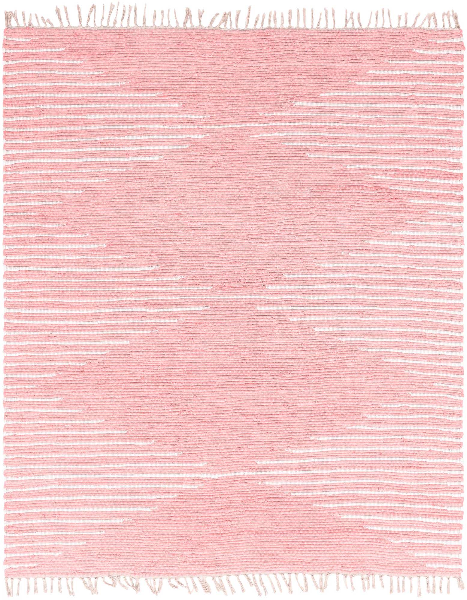 A 7' 1 x 7' 1 square pink Chindi cotton rug with a textured flatweave and fringe.