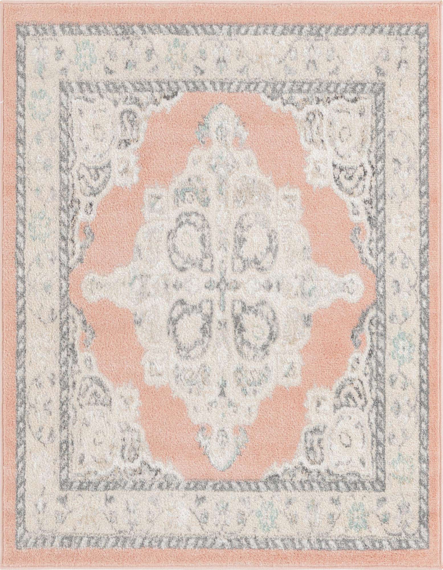 A 4'x4' square pink and cream traditional medallion rug with a thin pile, perfect for an indoor living space.