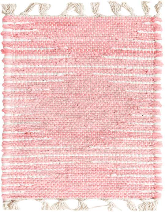 A 0' 9 x 2' 6 pink and white striped cotton stair rug with braided tassels on a white background.
