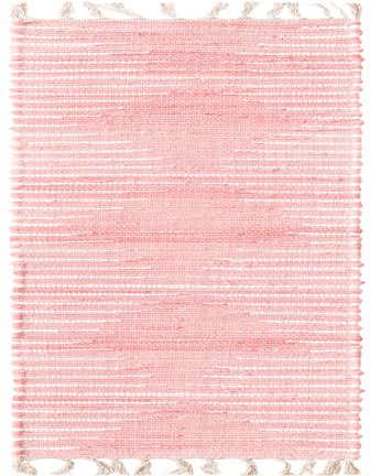 A 1' 2 x 6' 1 pink cotton flatweave table runner with white horizontal stripes and fringed ends, showcasing its textured, handmade quality.
