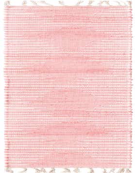 A pink and white striped Chindi Cotton runner rug with fringe, showcasing its flatweave texture.