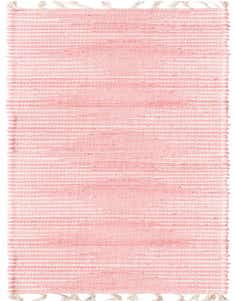 A long, narrow 1' 2 x 10' 0 pink cotton table runner rug with a textured flatweave and white horizontal stripes, featuring braided tassels on both ends.