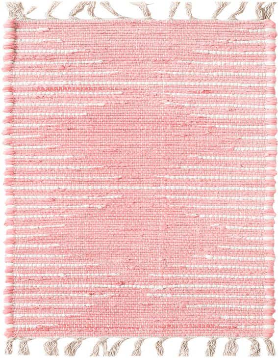 A pink and white striped flatweave cotton table runner with fringed ends, showcasing its textured, handmade quality.