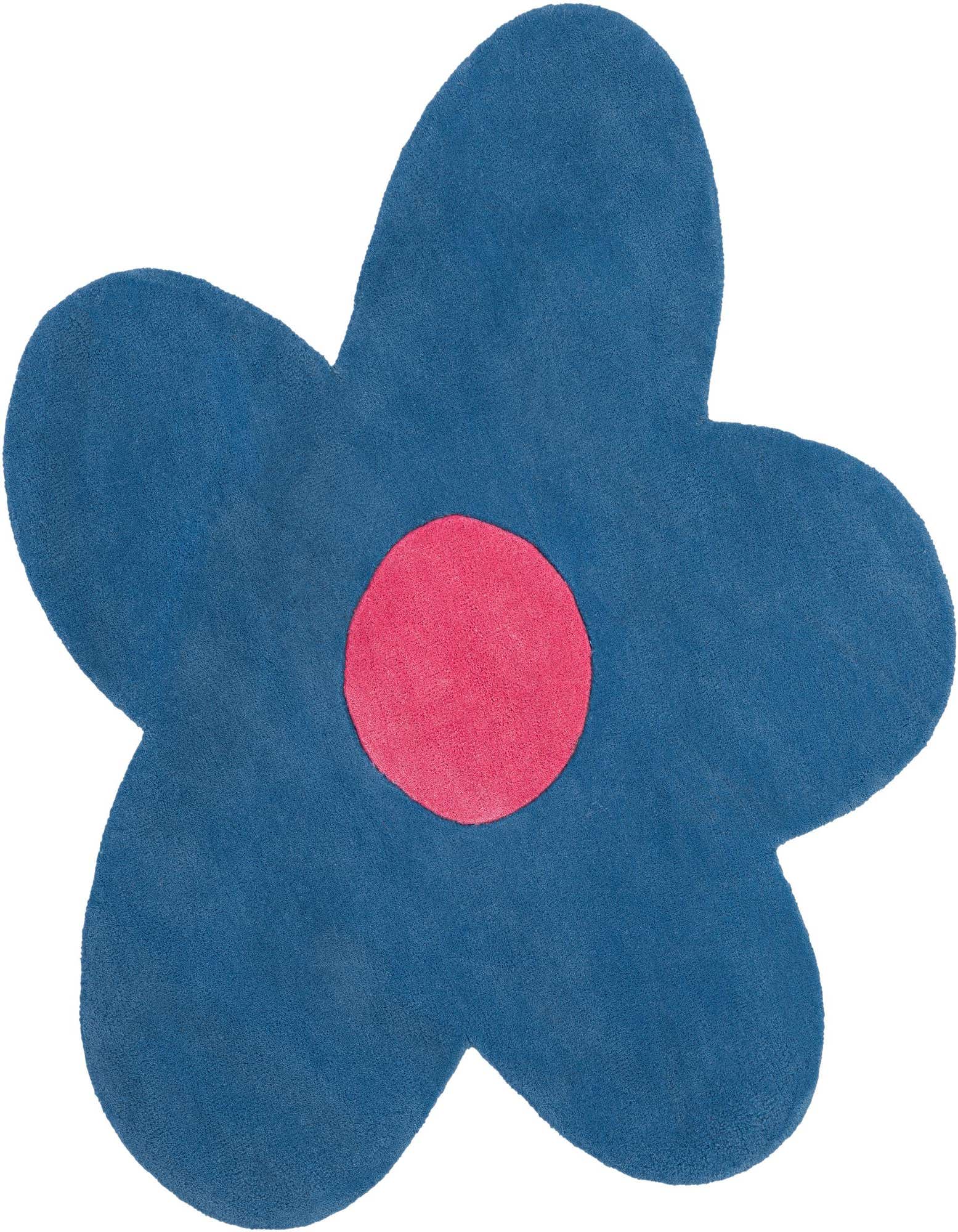 A vibrant blue flower-shaped rug with a bright pink circular center, featuring a high, textured pile.