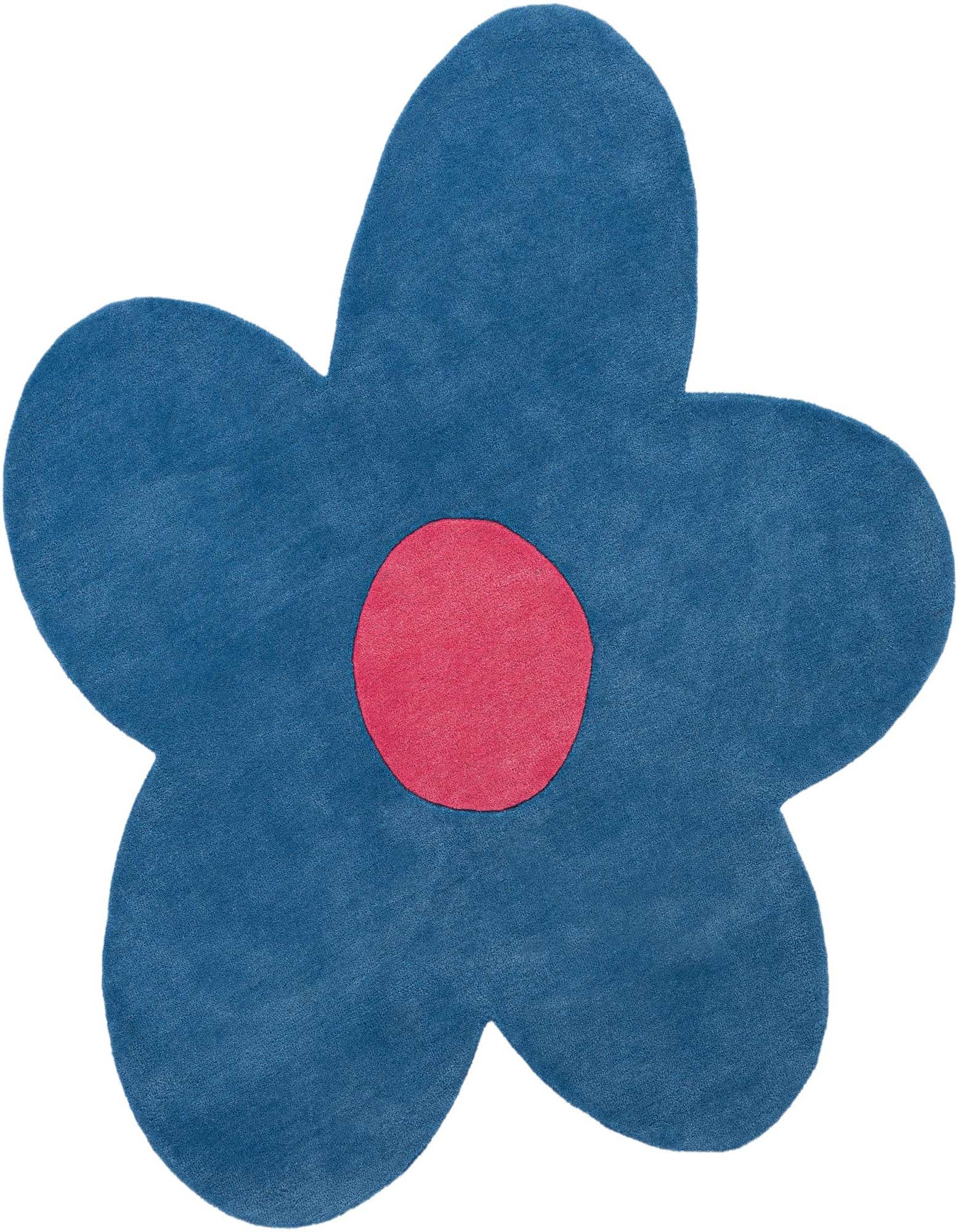 A 5'1" round blue floral rug with a bright pink center, featuring a high, soft wool pile.
