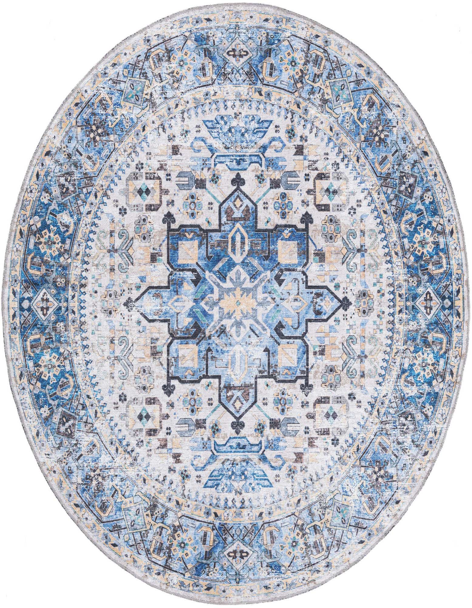A round blue and white bohemian rug with a central medallion and intricate tribal patterns, ideal for an indoor space.