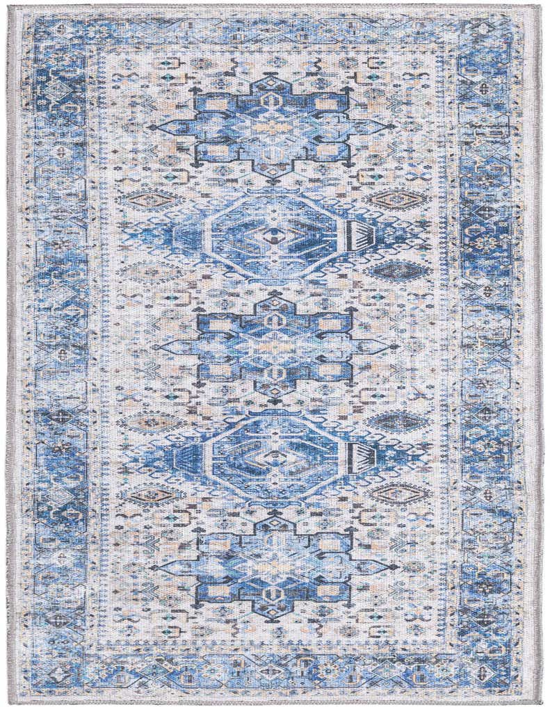 A 5 ft runner rug with a distressed blue, cream, and gold Bohemian medallion pattern, ideal for a hallway.