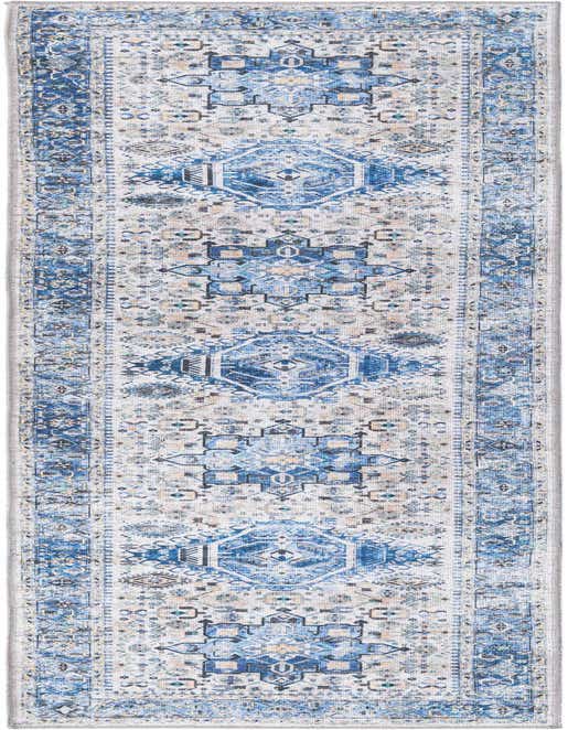A blue and white 8 ft runner rug with a distressed Bohemian medallion and tribal pattern, ideal for a hallway or kitchen.