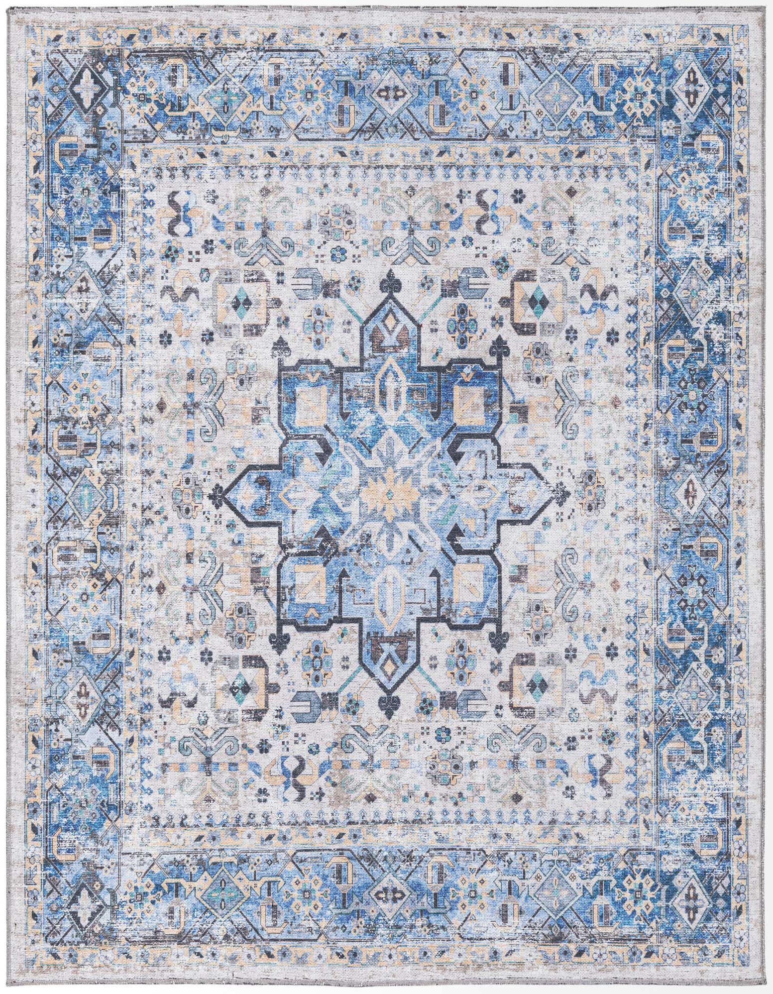 A 5'x5' square blue Bohemian rug with a distressed medallion pattern and intricate border.