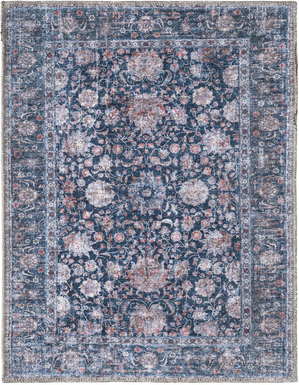 A 2x3 rectangular Royal Navy Blue rug with an intricate faded floral pattern and a distressed border.