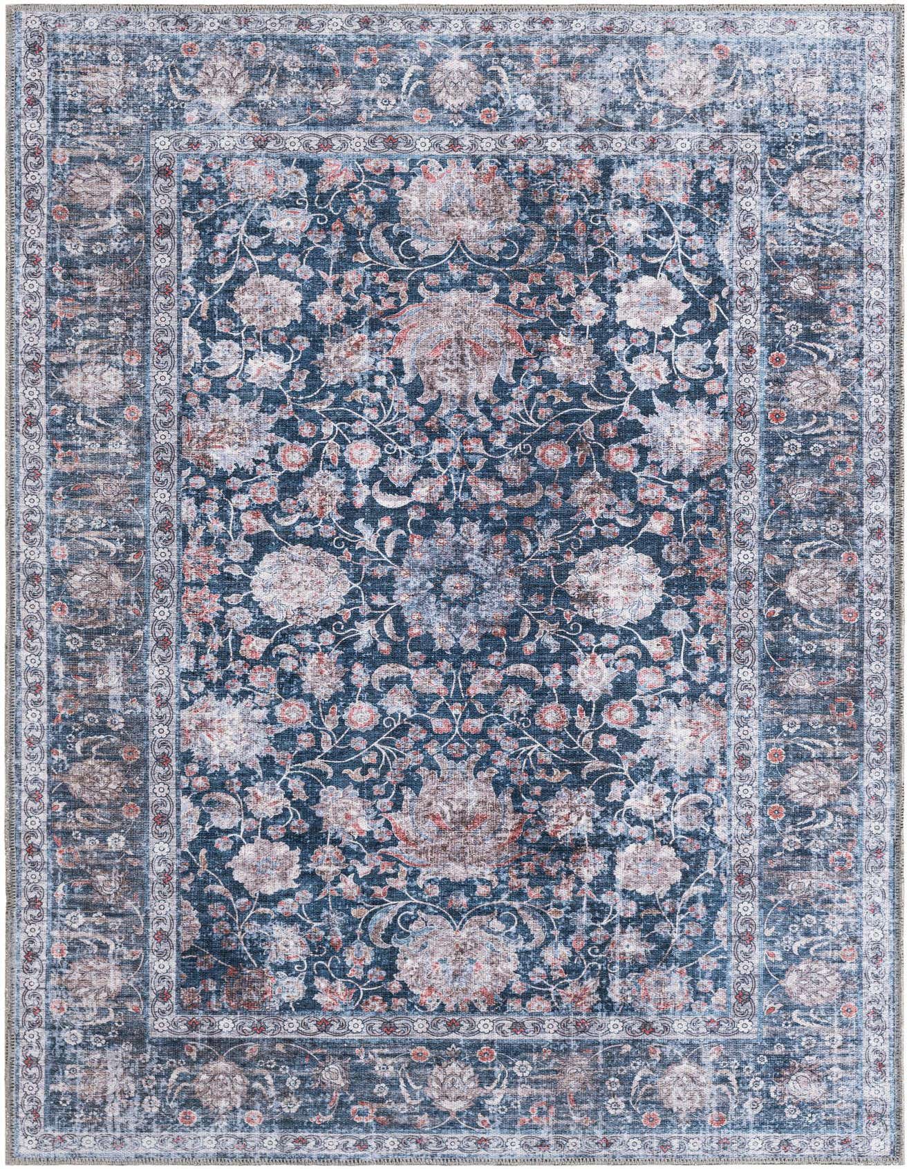 A 4x6 rectangular Royal Navy Blue area rug with a distressed traditional floral pattern and a decorative border.
