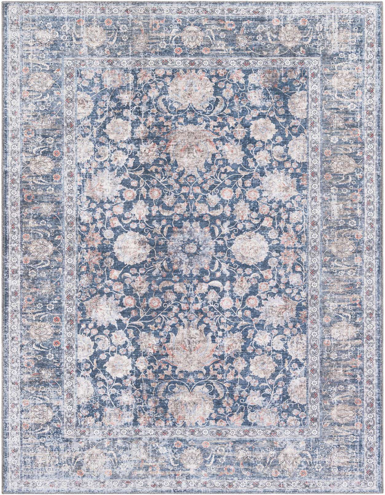 A 5x8 rectangular Royal Navy Blue modern rug with a distressed floral pattern and subtle border, suitable for various indoor rooms.