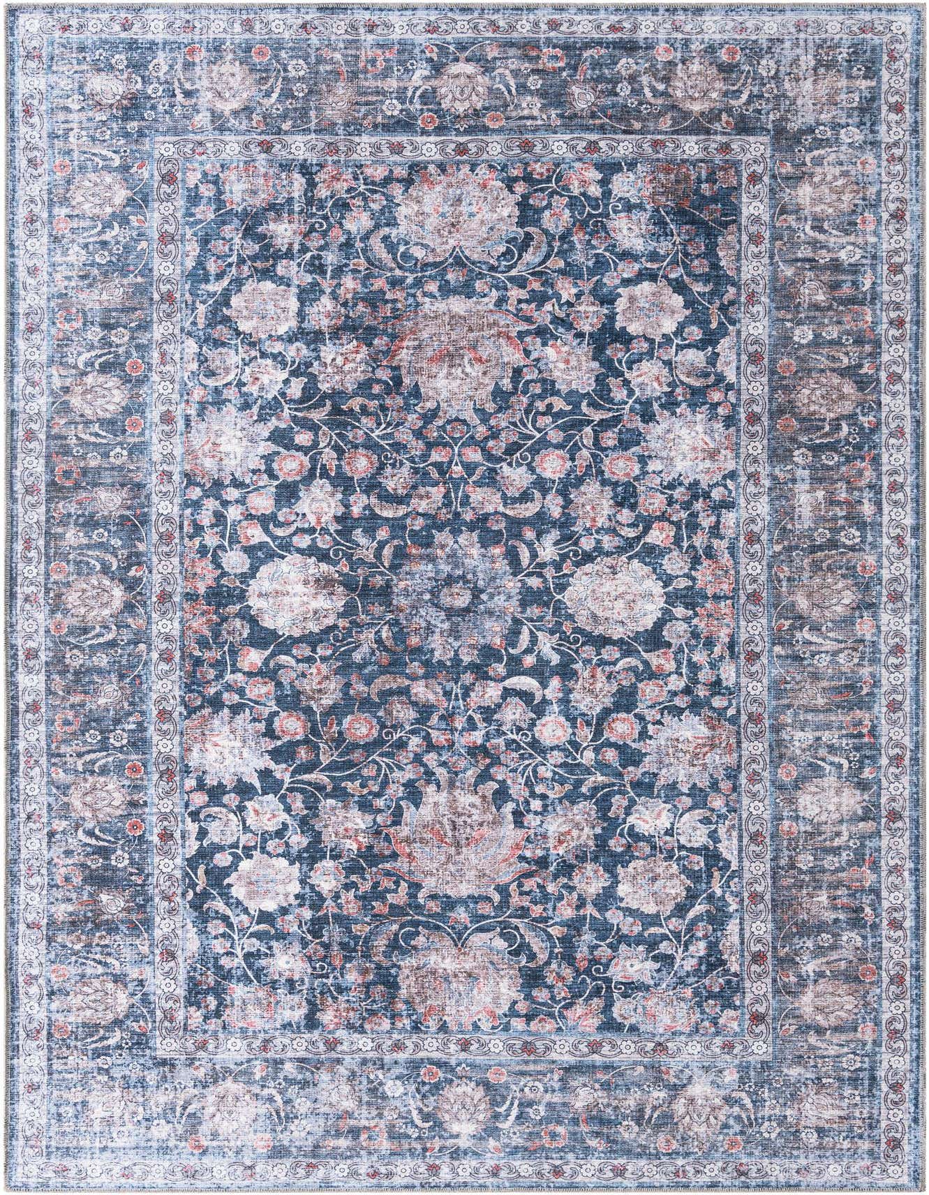 A 6x9 rectangular Royal Navy Blue area rug with a distressed floral and medallion pattern, ideal for a living room.