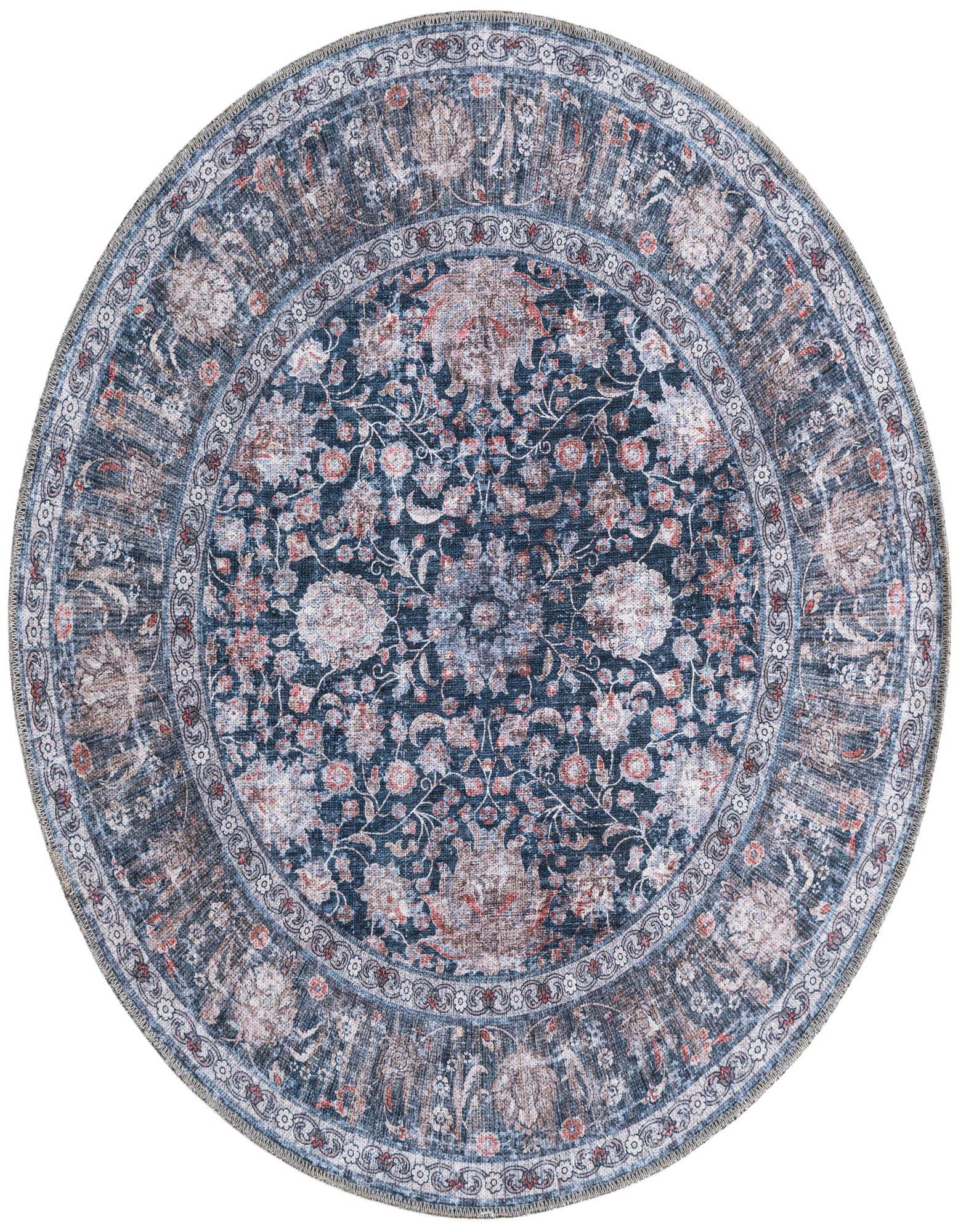 A round 4' 0 x 4' 0 Royal Navy Blue rug with an intricate floral and medallion pattern, featuring distressed red and cream accents.