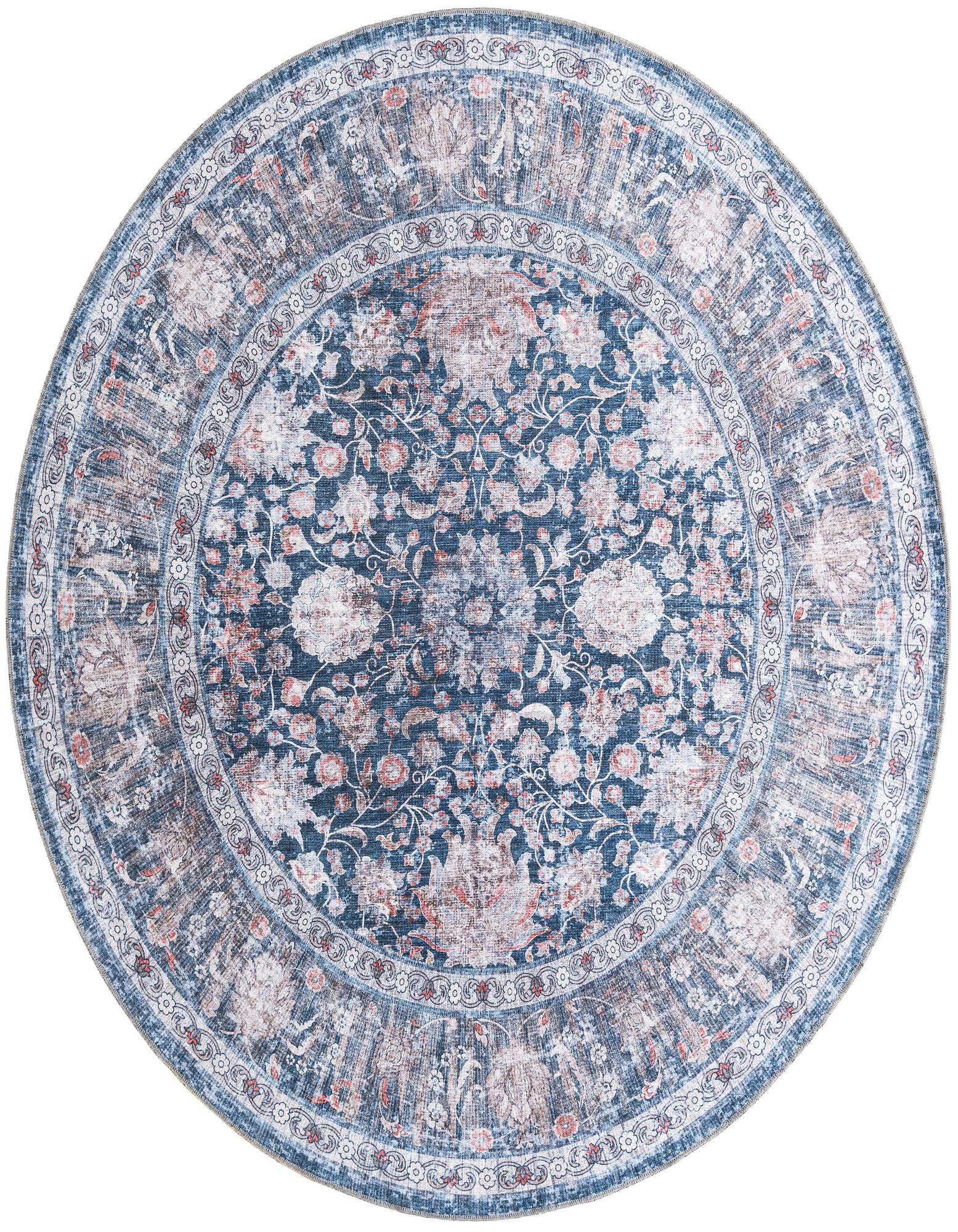 A round 7' 10 x 7' 10 Royal Navy Blue rug with a distressed floral and medallion pattern, perfect for a living room or patio.