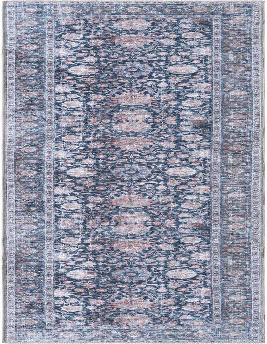 A 10 ft runner rug in royal navy blue with a faded traditional floral pattern and a distressed look, perfect for a hallway.