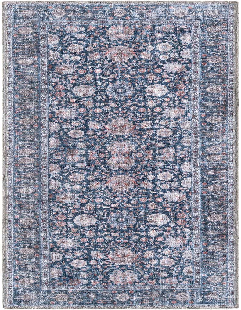 A 5 ft runner rug in royal navy blue with a faded traditional floral pattern and a medium pile, perfect for a hallway.