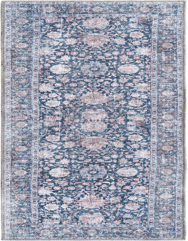 A 6 ft runner rug in royal navy blue with a distressed floral pattern, featuring hints of light blue and rust, perfect for a hallway.