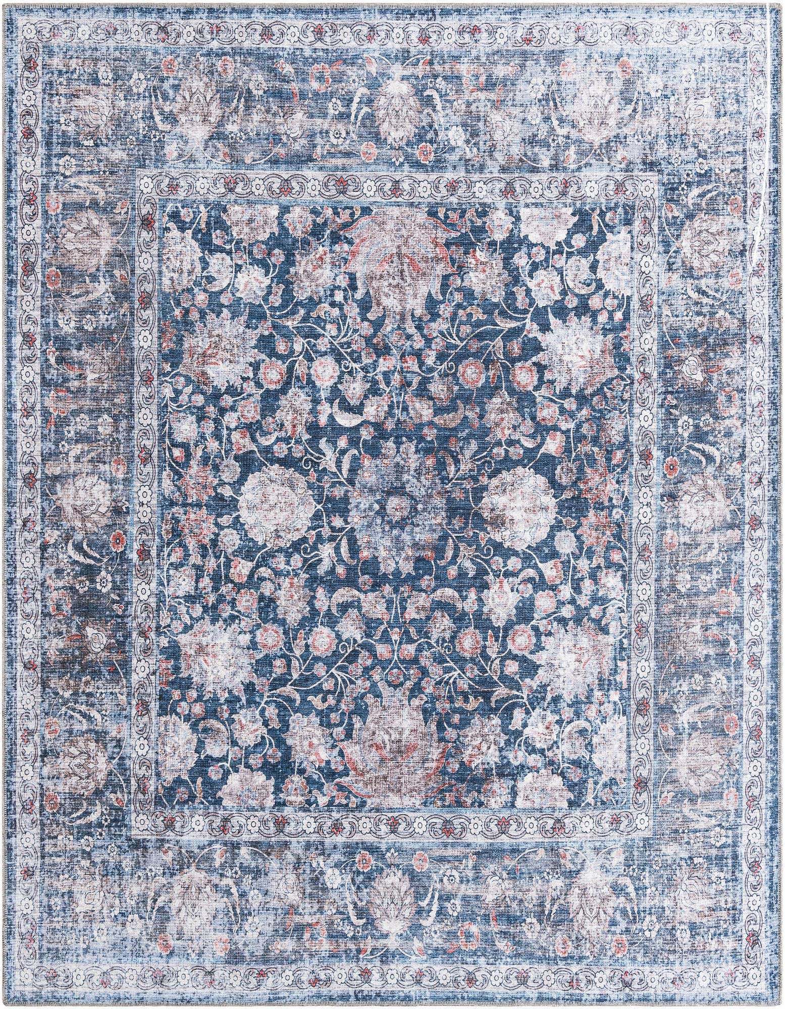 A 7' 10 x 7' 10 square Royal Navy Blue rug with a faded traditional floral pattern and ornate border.
