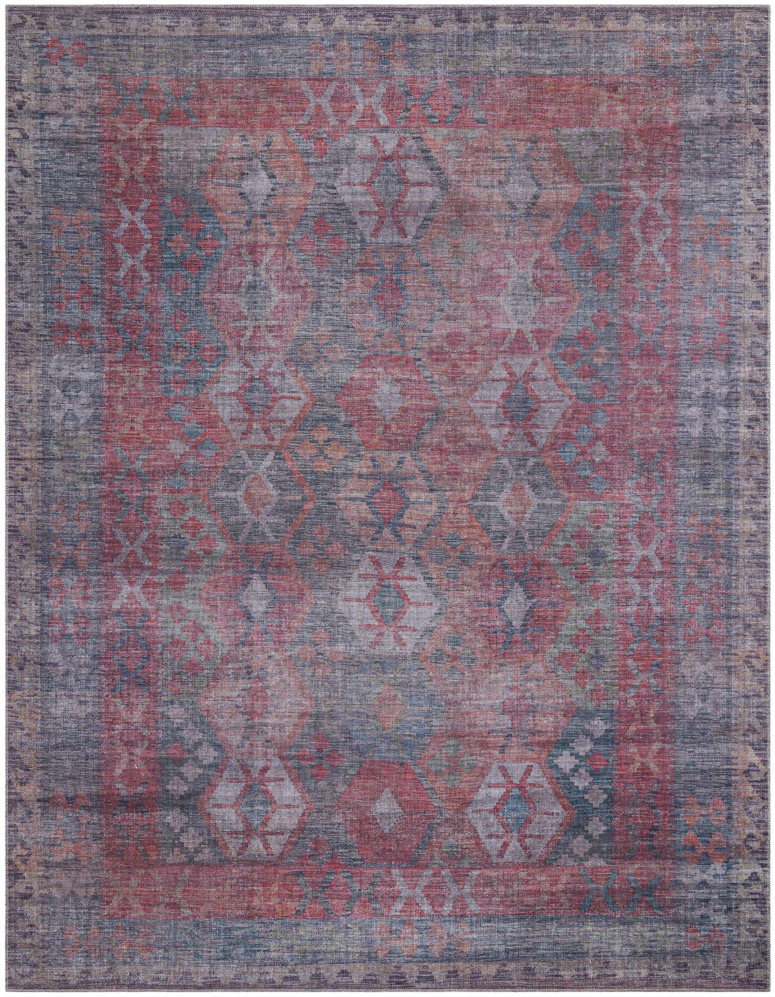 A 10x13 rectangular Sisu rug with a distressed traditional tribal pattern in blues, browns, and reds.