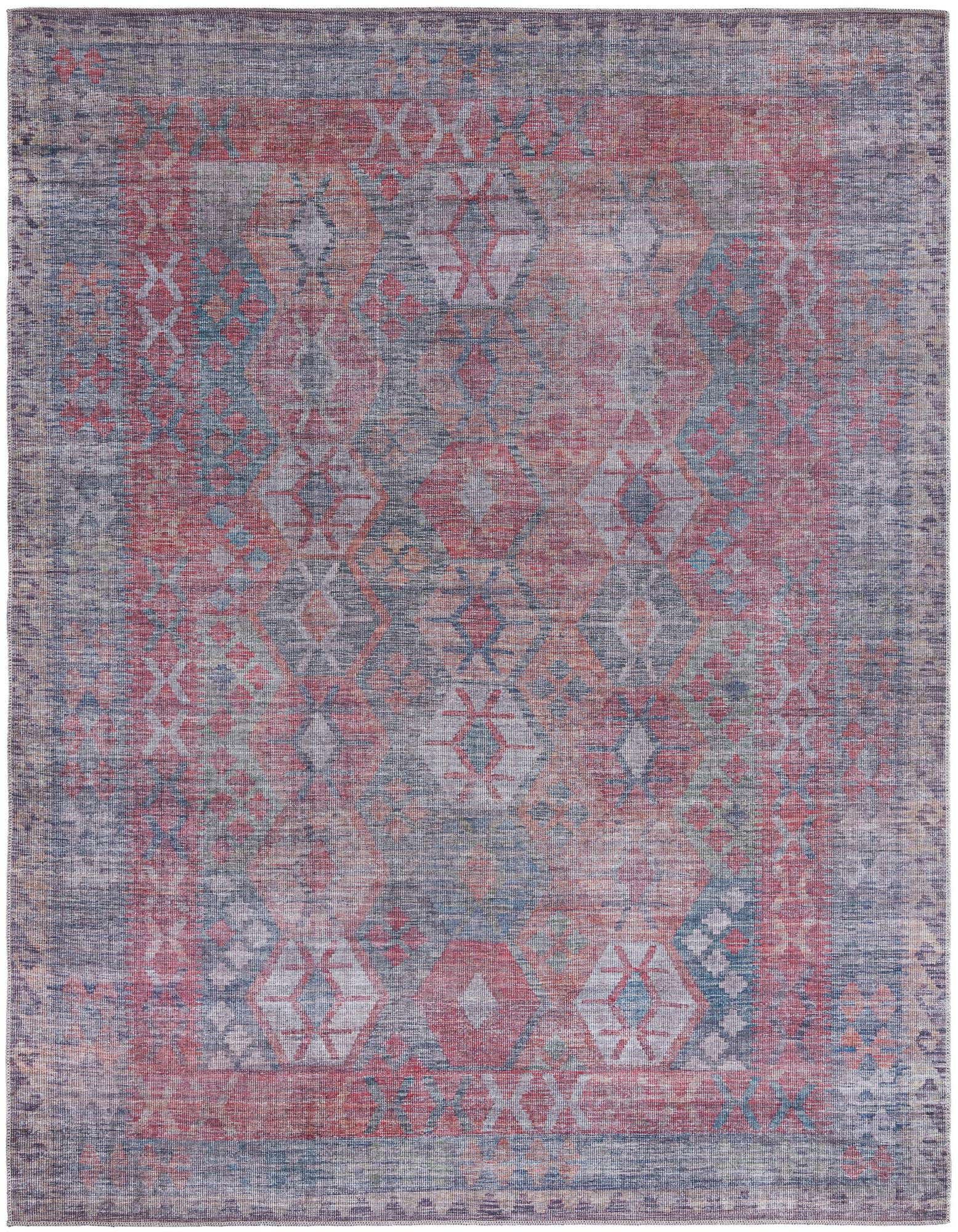 An 8x10 rectangular Sisu rug featuring a distressed traditional tribal pattern in shades of blue, brown, and red.